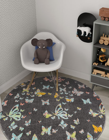 Charcoal Gray 6' 1 x 6' 1 Whimsy Kids Round Area Rug for Baby Nursery, Toddler Playroom,  Bedrooms Playful Fun Design Easy Clean Carpet for Sale at Rug Engine