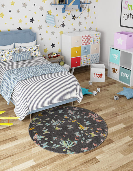 Charcoal Gray 6' 1 x 6' 1 Whimsy Kids Round Area Rug for Baby Nursery, Toddler Playroom,  Bedrooms Playful Fun Design Easy Clean Carpet for Sale at Rug Engine