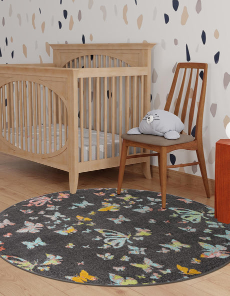 Charcoal Gray 7' 10 x 7' 10 Whimsy Kids Round Area Rug for Baby Nursery, Toddler Playroom,  Bedrooms Playful Fun Design Easy Clean Carpet for Sale at Rug Engine