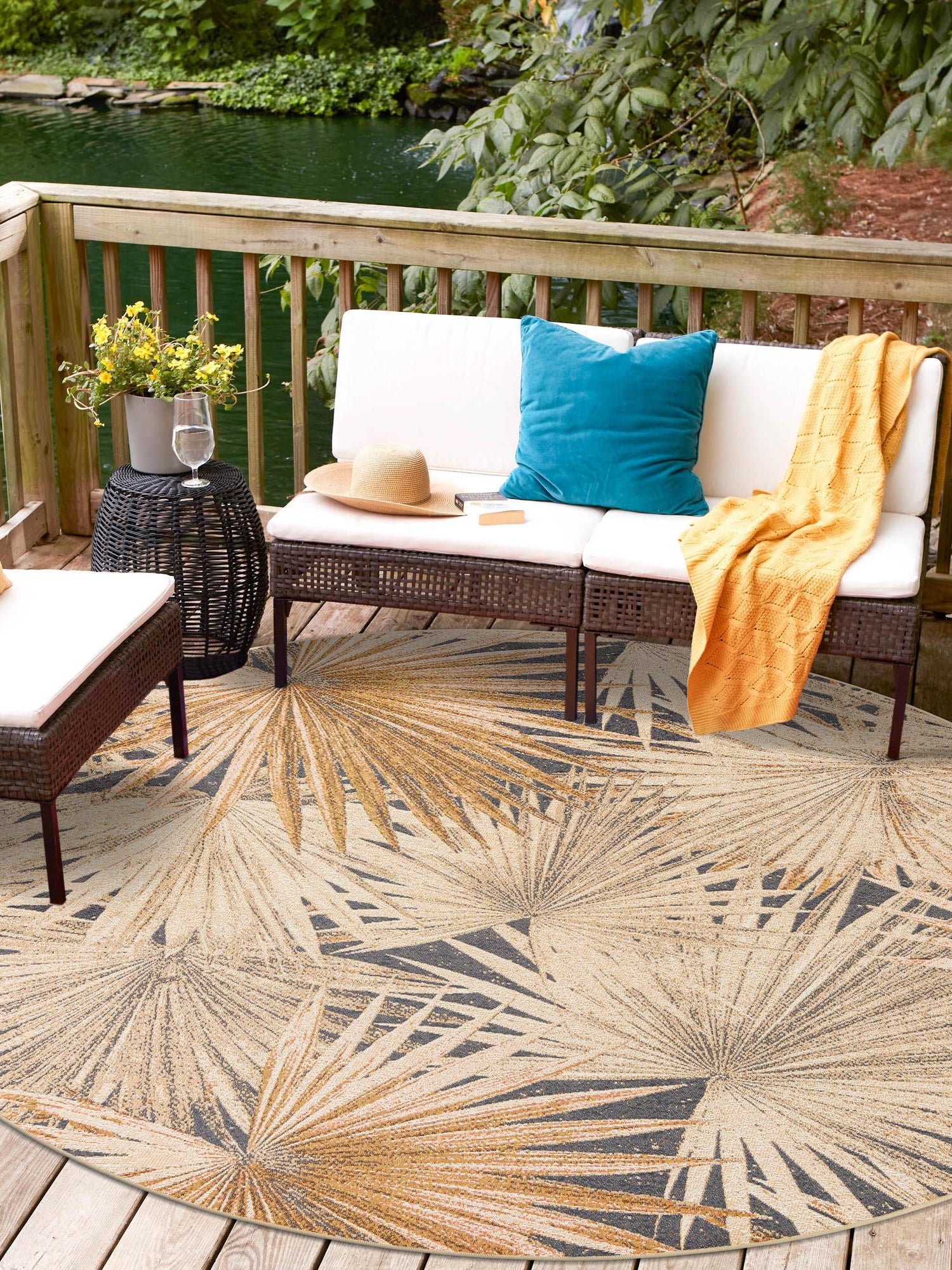 Multicolor 3' 1 x 3' 1 Outdoor Botanical Round Area Rug Weather Resistant for Patio, Deck, Terrace, Balcony, Porch Polypropylene Garden Floral Tropical Carpet for Sale at Rug Engine