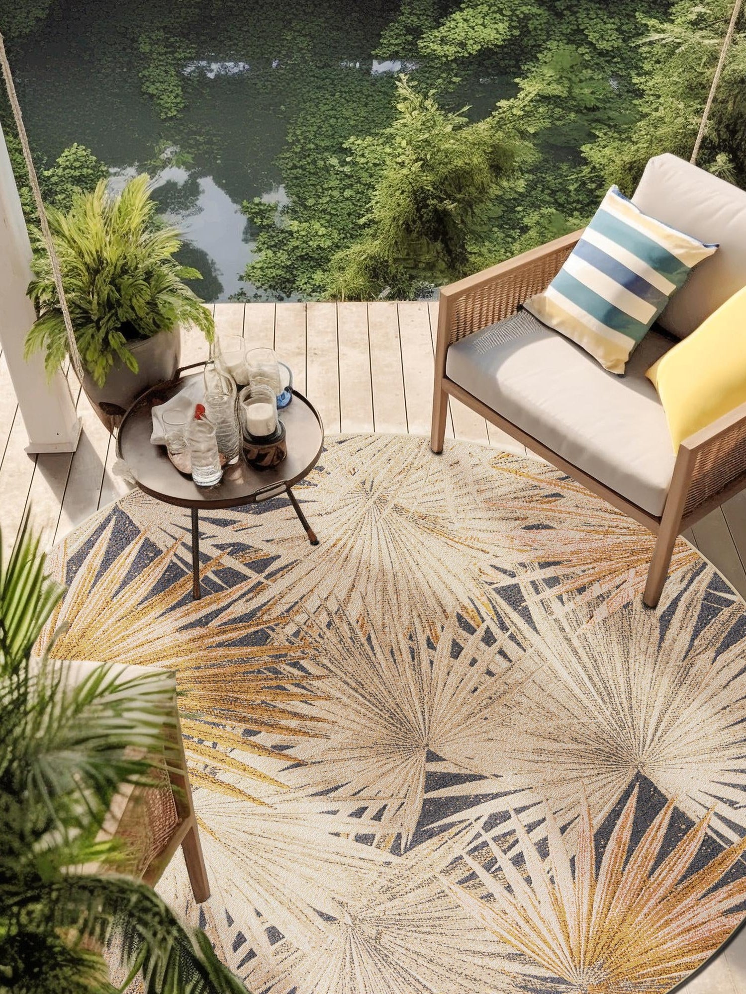 Multicolor 5' 1 x 5' 1 Outdoor Botanical Round Area Rug Weather Resistant for Patio, Deck, Terrace, Balcony, Porch Polypropylene Garden Floral Tropical Carpet for Sale at Rug Engine