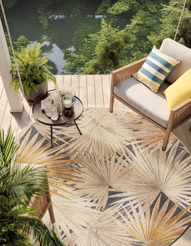 Multicolor 4' 1 x 4' 1 Outdoor Botanical Round Area Rug Weather Resistant for Patio, Deck, Terrace, Balcony, Porch Polypropylene Garden Floral Tropical Carpet for Sale at Rug Engine