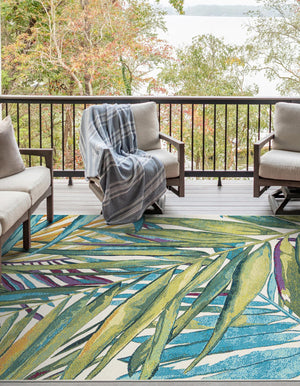 Multicolor 7' 10 x 10' Outdoor Botanical Rectangle Area Rug Weather Resistant for Patio, Deck, Terrace, Balcony, Porch Polypropylene Garden Floral Tropical Carpet for Sale at Rug Engine