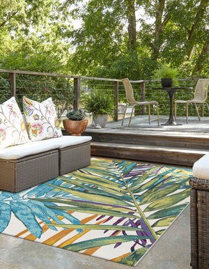 Multicolor 5' 1 x 7' 1 Outdoor Botanical Rectangle Area Rug Weather Resistant for Patio, Deck, Terrace, Balcony, Porch Polypropylene Garden Floral Tropical Carpet for Sale at Rug Engine