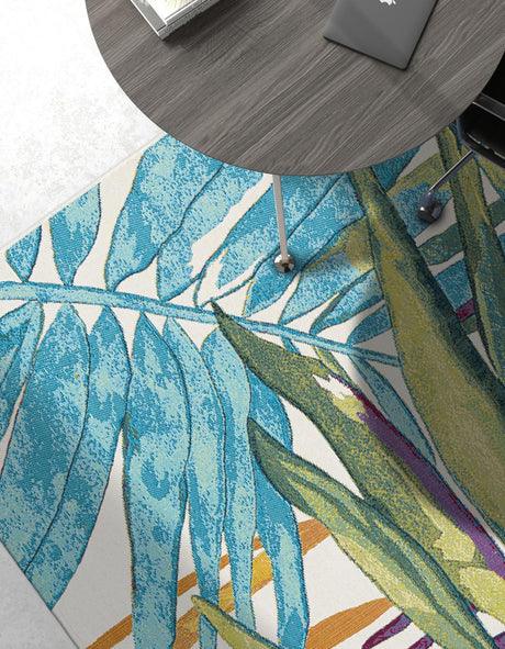 Multicolor 9' x 12' Outdoor Botanical Rectangle Area Rug Weather Resistant for Patio, Deck, Terrace, Balcony, Porch Polypropylene Garden Floral Tropical Carpet for Sale at Rug Engine