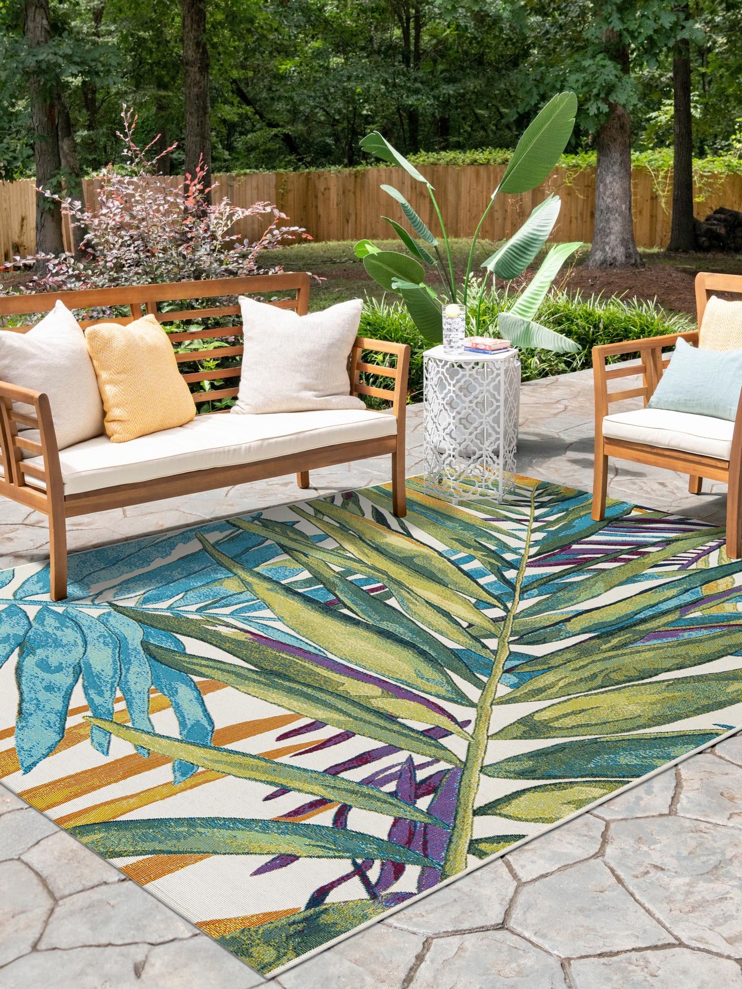 Multicolor 5' 1 x 7' 1 Outdoor Botanical Rectangle Area Rug Weather Resistant for Patio, Deck, Terrace, Balcony, Porch Polypropylene Garden Floral Tropical Carpet for Sale at Rug Engine