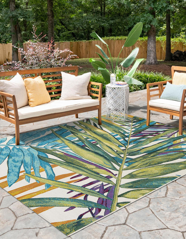 Multicolor 9' x 12' Outdoor Botanical Rectangle Area Rug Weather Resistant for Patio, Deck, Terrace, Balcony, Porch