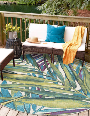 Multicolor 10' x 10' Outdoor Botanical Round Area Rug Weather Resistant for Patio, Deck, Terrace, Balcony, Porch Polypropylene Garden Floral Tropical Carpet for Sale at Rug Engine