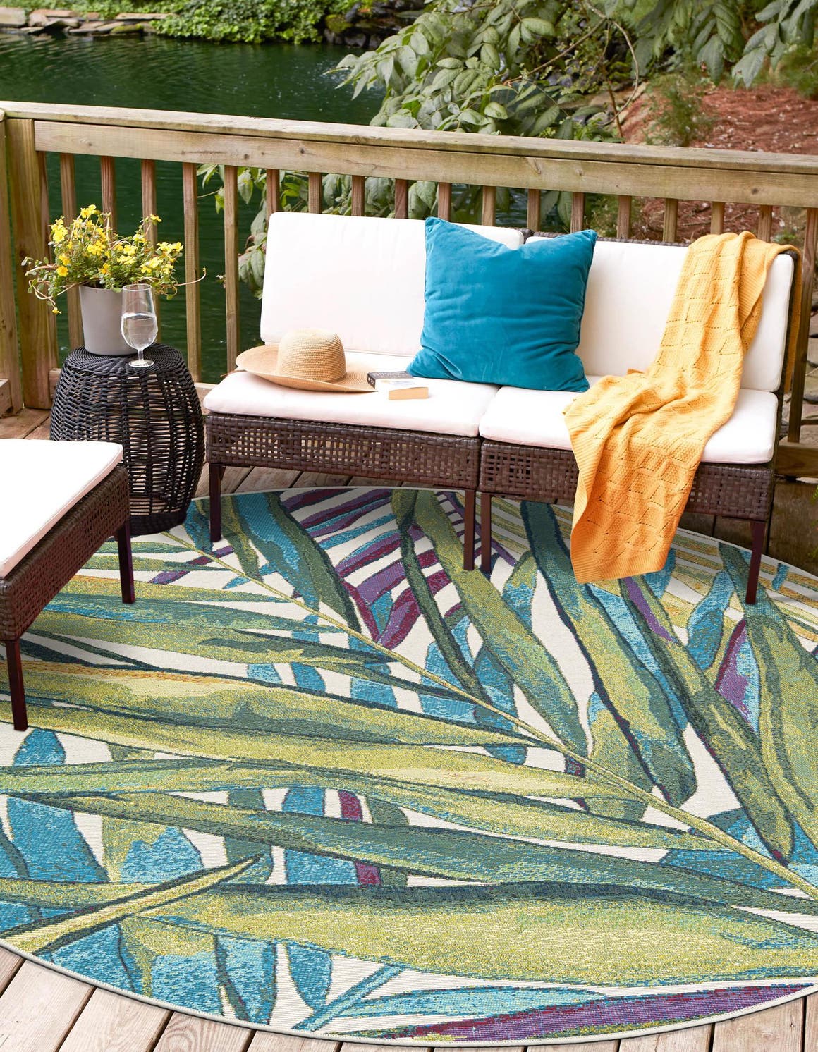 Multicolor 4' 1 x 4' 1 Outdoor Botanical Round Area Rug Weather Resistant for Patio, Deck, Terrace, Balcony, Porch Polypropylene Garden Floral Tropical Carpet for Sale at Rug Engine