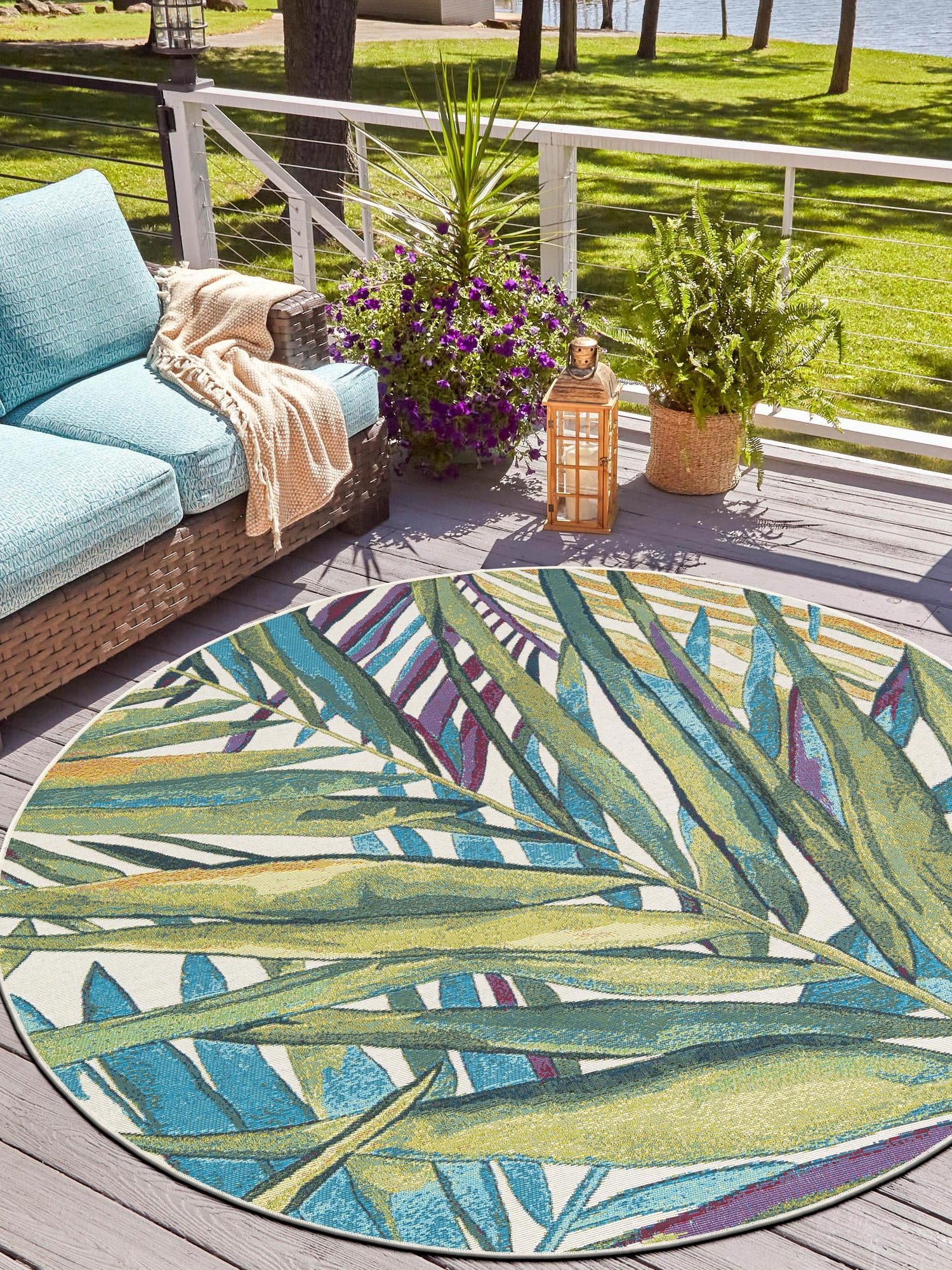 Multicolor 3' 1 x 3' 1 Outdoor Botanical Round Area Rug Weather Resistant for Patio, Deck, Terrace, Balcony, Porch Polypropylene Garden Floral Tropical Carpet for Sale at Rug Engine