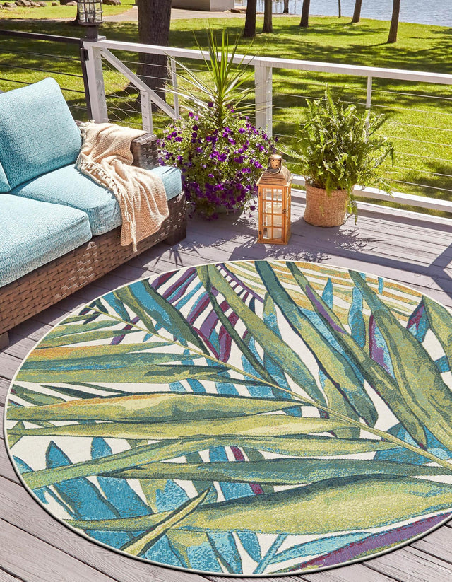 Multicolor 10' x 10' Outdoor Botanical Round Area Rug Weather Resistant for Patio, Deck, Terrace, Balcony, Porch Polypropylene Garden Floral Tropical Carpet for Sale at Rug Engine