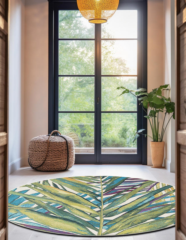 Multicolor 10' x 10' Outdoor Botanical Round Area Rug Weather Resistant for Patio, Deck, Terrace, Balcony, Porch Polypropylene Garden Floral Tropical Carpet for Sale at Rug Engine
