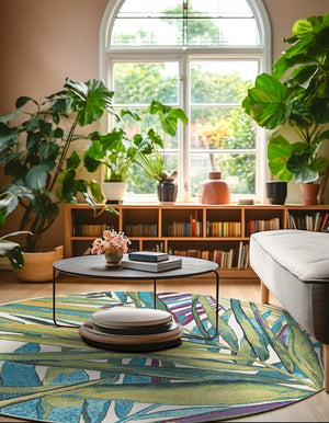 Multicolor 4' 1 x 4' 1 Outdoor Botanical Round Area Rug Weather Resistant for Patio, Deck, Terrace, Balcony, Porch Polypropylene Garden Floral Tropical Carpet for Sale at Rug Engine