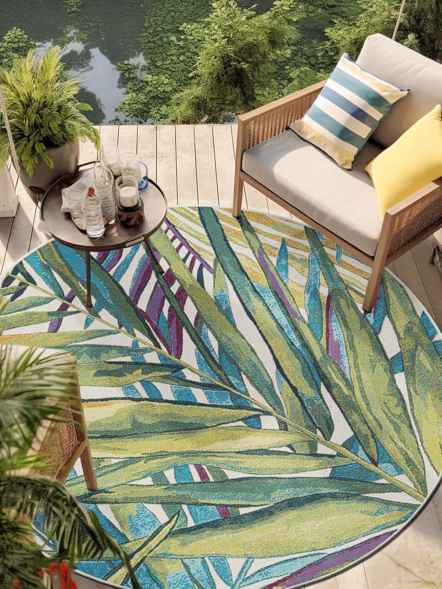 Multicolor 7' 10 x 7' 10 Outdoor Botanical Round Area Rug Weather Resistant for Patio, Deck, Terrace, Balcony, Porch Polypropylene Garden Floral Tropical Carpet for Sale at Rug Engine