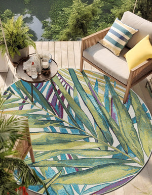 Multicolor 4' 1 x 4' 1 Outdoor Botanical Round Area Rug Weather Resistant for Patio, Deck, Terrace, Balcony, Porch Polypropylene Garden Floral Tropical Carpet for Sale at Rug Engine