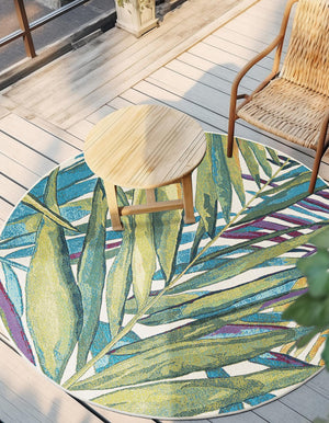 Multicolor 4' 1 x 4' 1 Outdoor Botanical Round Area Rug Weather Resistant for Patio, Deck, Terrace, Balcony, Porch Polypropylene Garden Floral Tropical Carpet for Sale at Rug Engine