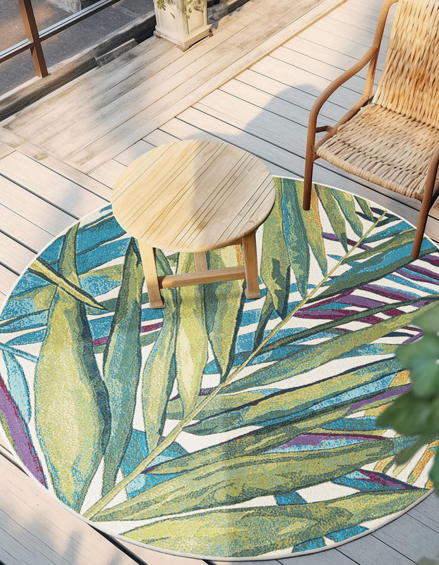 Multicolor 4' 1 x 4' 1 Outdoor Botanical Round Area Rug Weather Resistant for Patio, Deck, Terrace, Balcony, Porch Polypropylene Garden Floral Tropical Carpet for Sale at Rug Engine