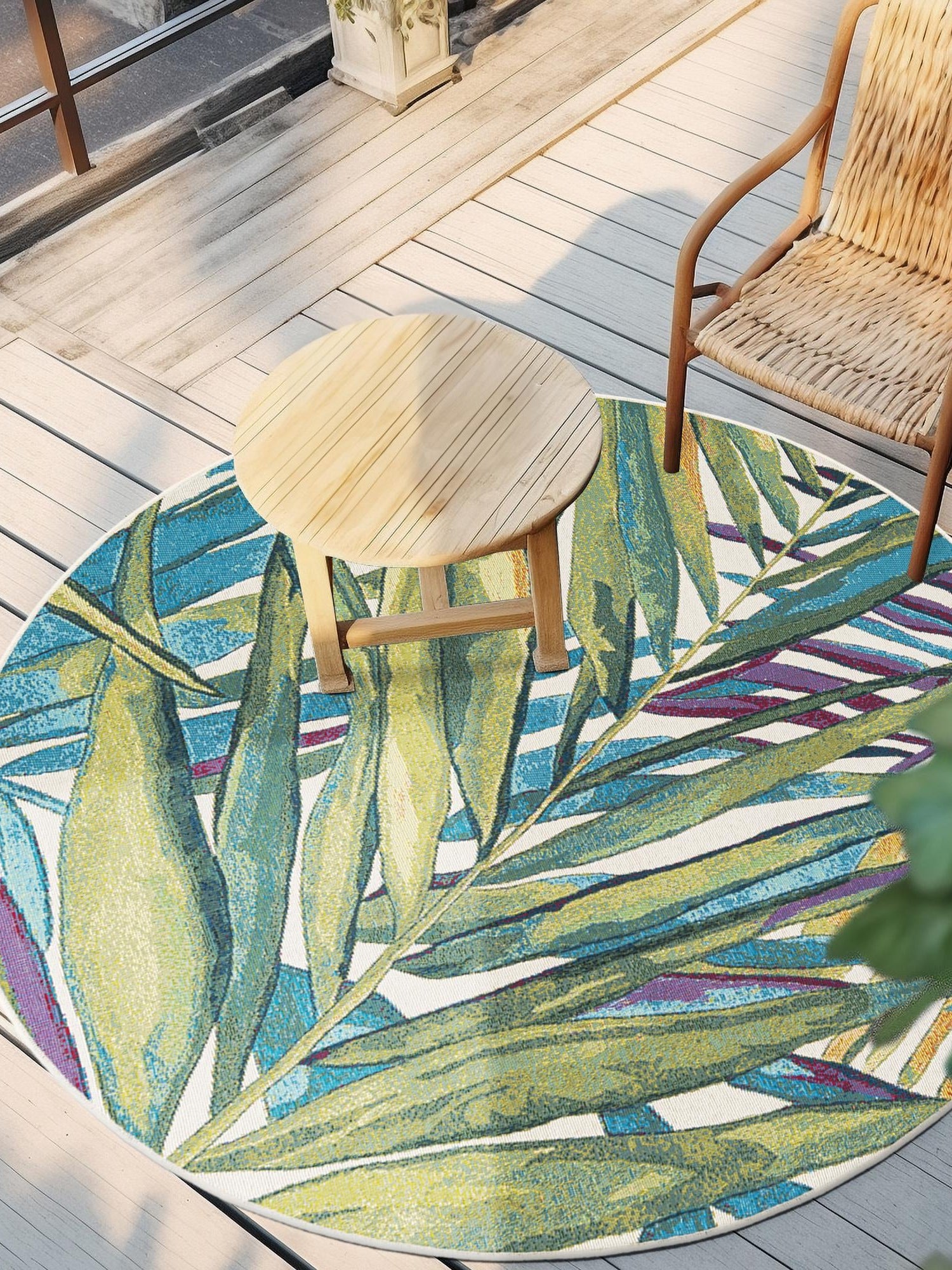 Multicolor 3' 1 x 3' 1 Outdoor Botanical Round Area Rug Weather Resistant for Patio, Deck, Terrace, Balcony, Porch Polypropylene Garden Floral Tropical Carpet for Sale at Rug Engine
