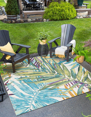 Multicolor 10' x 10' Outdoor Botanical Square Area Rug Weather Resistant for Patio, Deck, Terrace, Balcony, Porch Polypropylene Garden Floral Tropical Carpet for Sale at Rug Engine