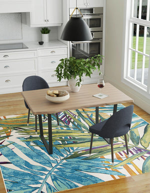 Multicolor 7' 10 x 7' 10 Outdoor Botanical Square Area Rug Weather Resistant for Patio, Deck, Terrace, Balcony, Porch Polypropylene Garden Floral Tropical Carpet for Sale at Rug Engine