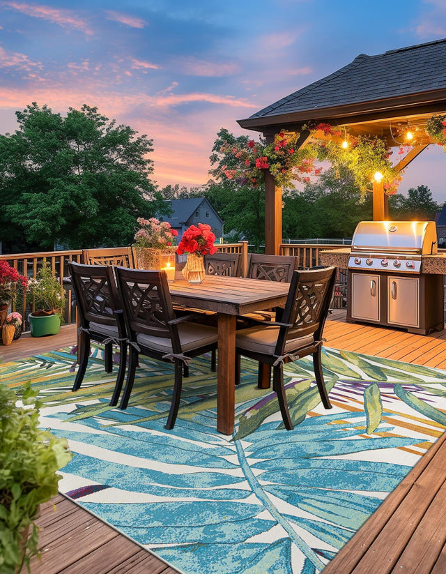 Multicolor 7' 10 x 7' 10 Outdoor Botanical Square Area Rug Weather Resistant for Patio, Deck, Terrace, Balcony, Porch Polypropylene Garden Floral Tropical Carpet for Sale at Rug Engine