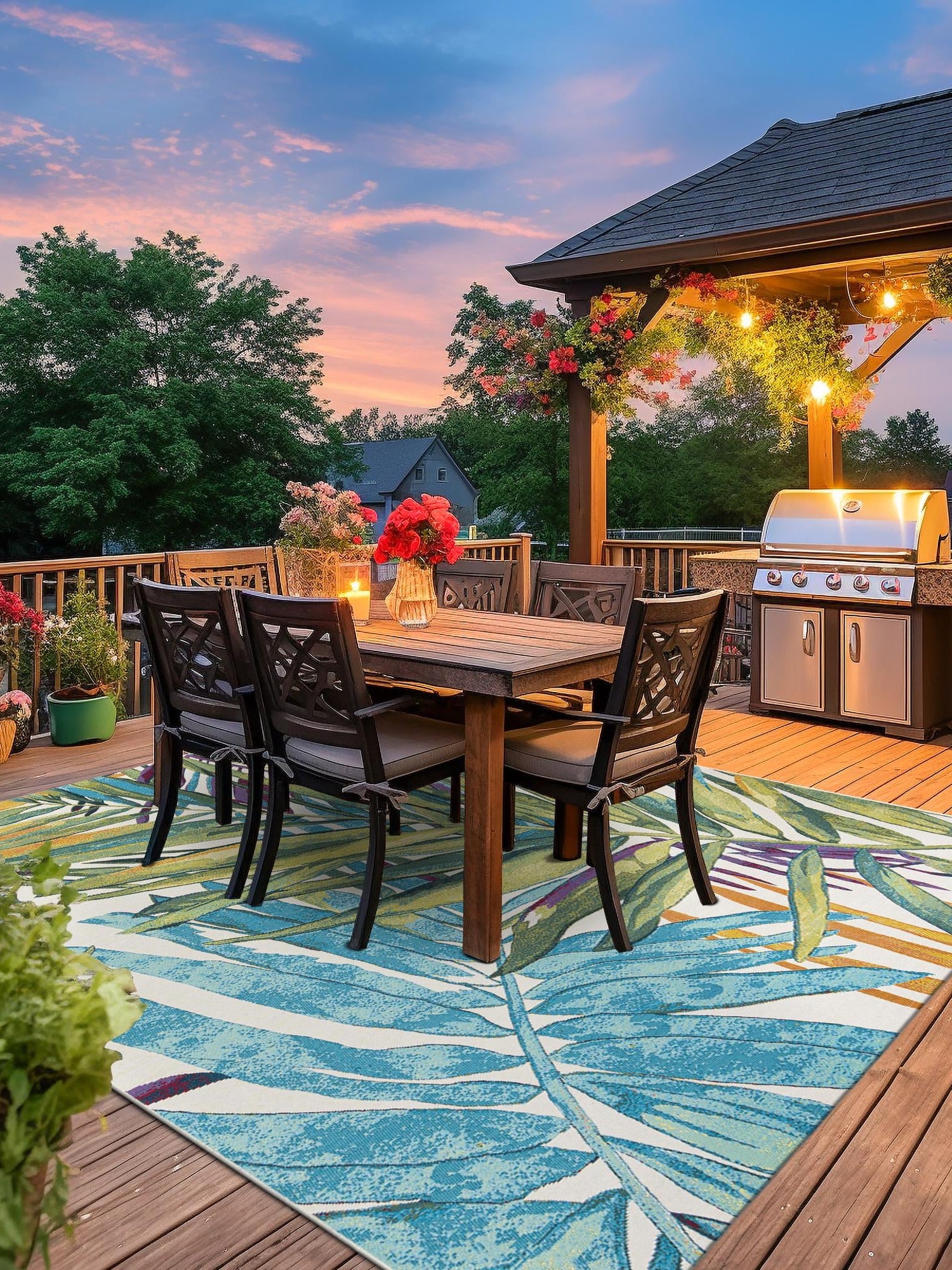 Multicolor 10' x 10' Outdoor Botanical Square Area Rug Weather Resistant for Patio, Deck, Terrace, Balcony, Porch Polypropylene Garden Floral Tropical Carpet for Sale at Rug Engine