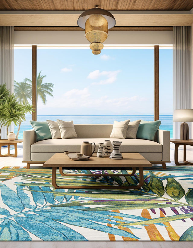Multicolor 7' 10 x 7' 10 Outdoor Botanical Square Area Rug Weather Resistant for Patio, Deck, Terrace, Balcony, Porch Polypropylene Garden Floral Tropical Carpet for Sale at Rug Engine