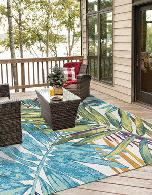 Multicolor 7' 10 x 7' 10 Outdoor Botanical Square Area Rug Weather Resistant for Patio, Deck, Terrace, Balcony, Porch Polypropylene Garden Floral Tropical Carpet for Sale at Rug Engine