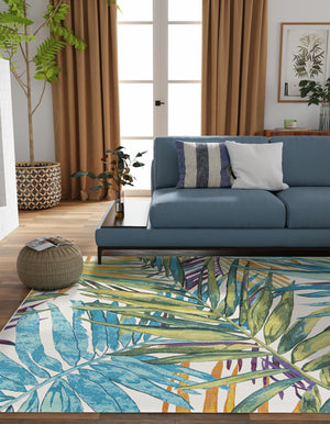 Multicolor 7' 10 x 7' 10 Outdoor Botanical Square Area Rug Weather Resistant for Patio, Deck, Terrace, Balcony, Porch Polypropylene Garden Floral Tropical Carpet for Sale at Rug Engine