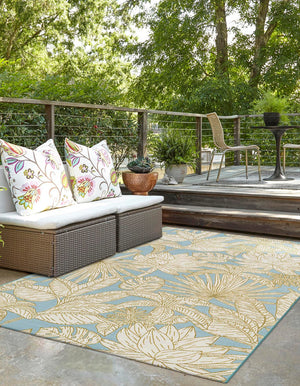 Soft Blue 6' 1 x 9' Outdoor Botanical Rectangle Area Rug Weather Resistant for Patio, Deck, Terrace, Balcony, Porch Polypropylene Garden Floral Tropical Carpet for Sale at Rug Engine