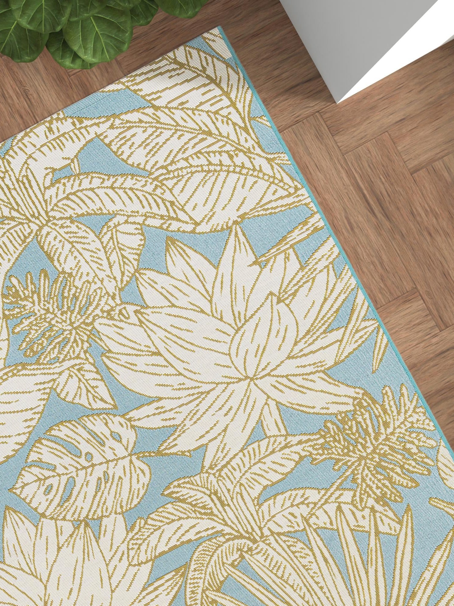 Soft Blue 5' 1 x 8' Outdoor Botanical Rectangle Area Rug Weather Resistant for Patio, Deck, Terrace, Balcony, Porch Polypropylene Garden Floral Tropical Carpet for Sale at Rug Engine