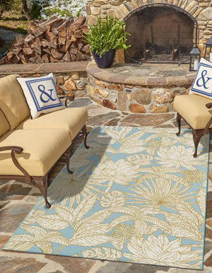 Soft Blue 5' 1 x 7' 1 Outdoor Botanical Rectangle Area Rug Weather Resistant for Patio, Deck, Terrace, Balcony, Porch Polypropylene Garden Floral Tropical Carpet for Sale at Rug Engine
