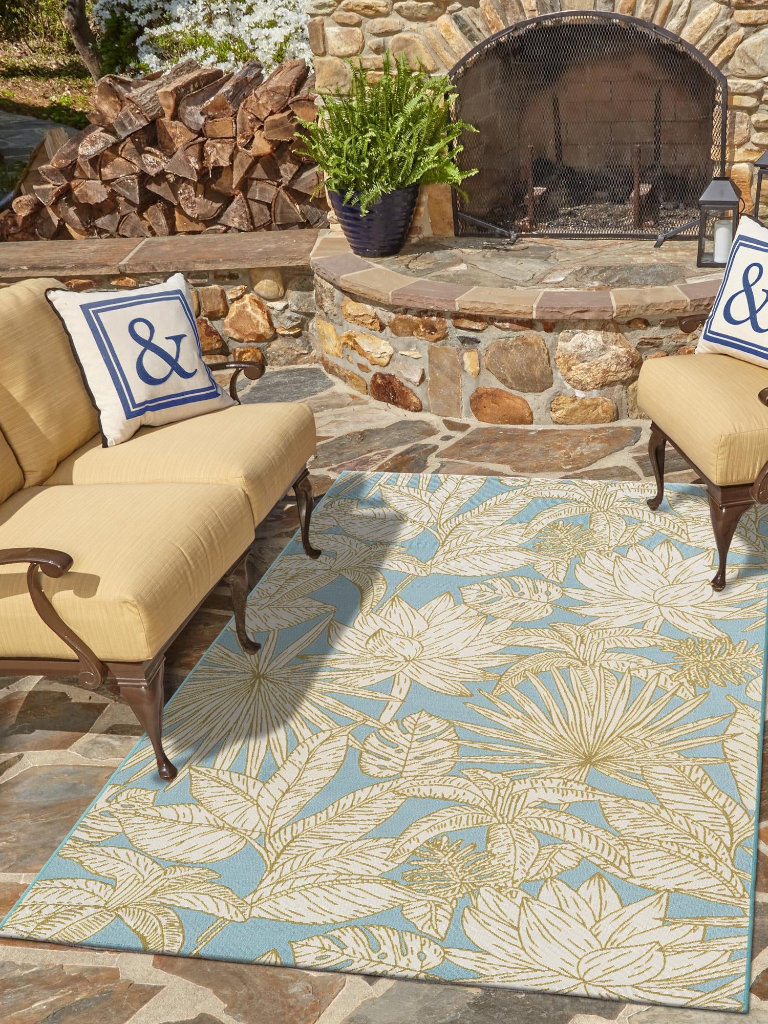 Soft Blue 6' 1 x 9' Outdoor Botanical Rectangle Area Rug Weather Resistant for Patio, Deck, Terrace, Balcony, Porch Polypropylene Garden Floral Tropical Carpet for Sale at Rug Engine