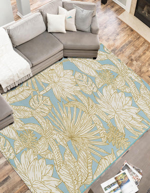 Soft Blue 10' x 14' 2 Outdoor Botanical Rectangle Area Rug Weather Resistant for Patio, Deck, Terrace, Balcony, Porch Polypropylene Garden Floral Tropical Carpet for Sale at Rug Engine