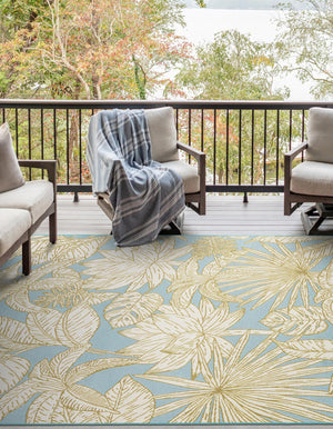Soft Blue 10' x 14' 2 Outdoor Botanical Rectangle Area Rug Weather Resistant for Patio, Deck, Terrace, Balcony, Porch Polypropylene Garden Floral Tropical Carpet for Sale at Rug Engine