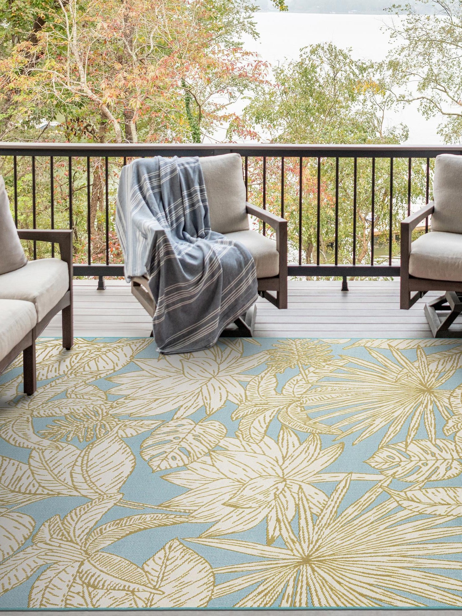 Soft Blue 5' 1 x 7' 1 Outdoor Botanical Rectangle Area Rug Weather Resistant for Patio, Deck, Terrace, Balcony, Porch Polypropylene Garden Floral Tropical Carpet for Sale at Rug Engine