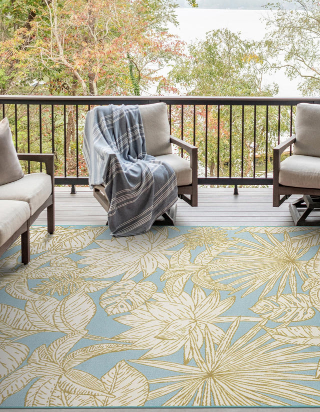 Soft Blue 5' 1 x 7' 1 Outdoor Botanical Rectangle Area Rug Weather Resistant for Patio, Deck, Terrace, Balcony, Porch Polypropylene Garden Floral Tropical Carpet for Sale at Rug Engine