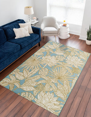 Soft Blue 5' 1 x 7' 1 Outdoor Botanical Rectangle Area Rug Weather Resistant for Patio, Deck, Terrace, Balcony, Porch Polypropylene Garden Floral Tropical Carpet for Sale at Rug Engine