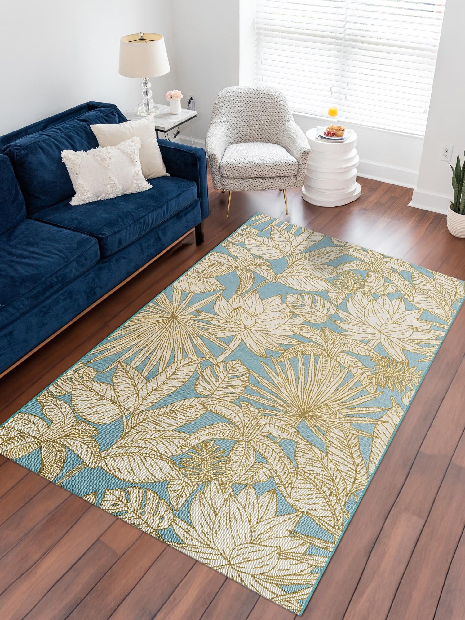 Soft Blue 9' x 12' Outdoor Botanical Rectangle Area Rug Weather Resistant for Patio, Deck, Terrace, Balcony, Porch Polypropylene Garden Floral Tropical Carpet for Sale at Rug Engine