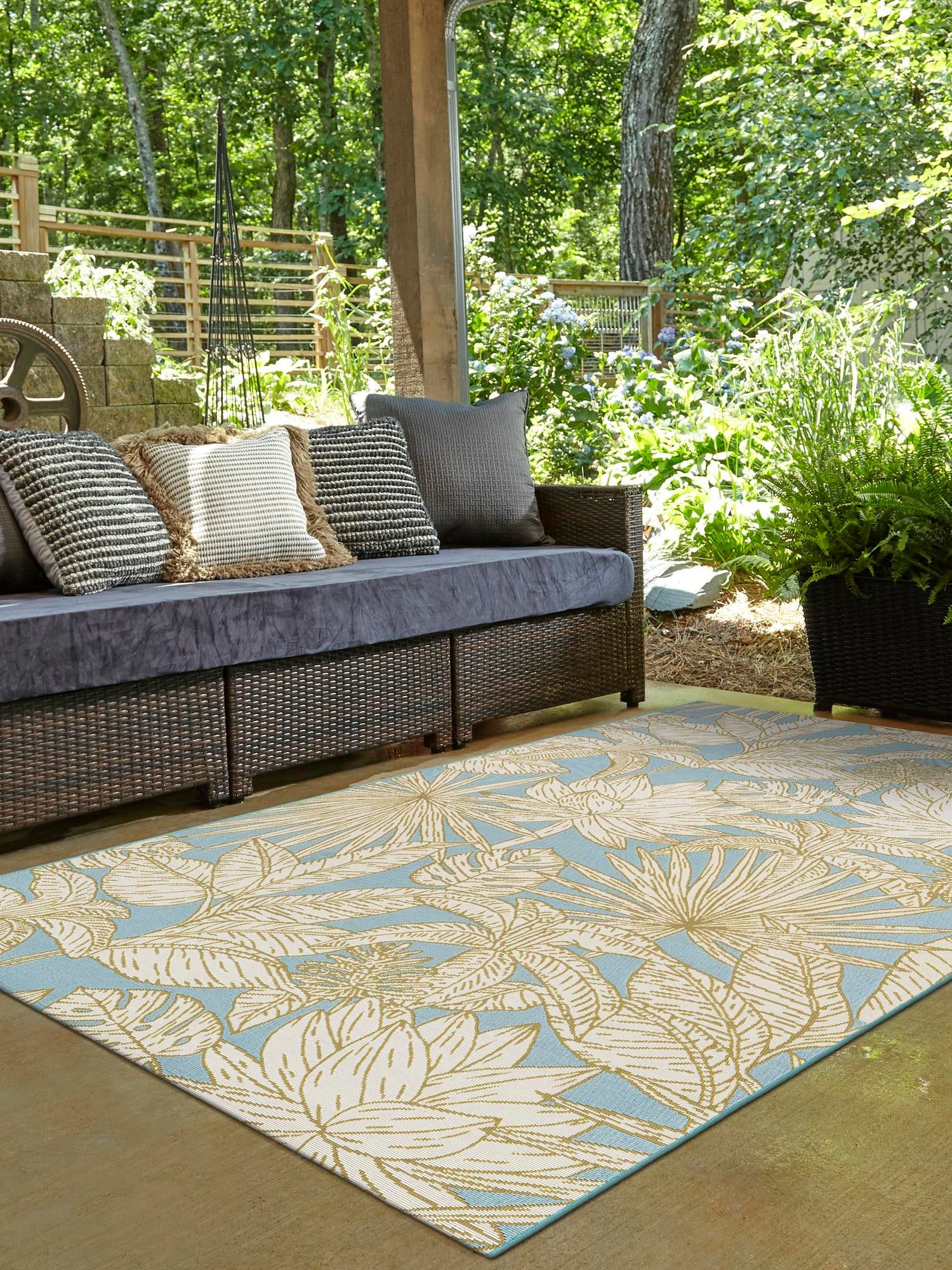 Soft Blue 6' 1 x 9' Outdoor Botanical Rectangle Area Rug Weather Resistant for Patio, Deck, Terrace, Balcony, Porch Polypropylene Garden Floral Tropical Carpet for Sale at Rug Engine