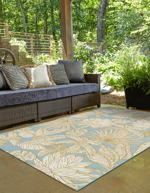 Soft Blue 6' 1 x 9' Outdoor Botanical Rectangle Area Rug Weather Resistant for Patio, Deck, Terrace, Balcony, Porch Polypropylene Garden Floral Tropical Carpet for Sale at Rug Engine