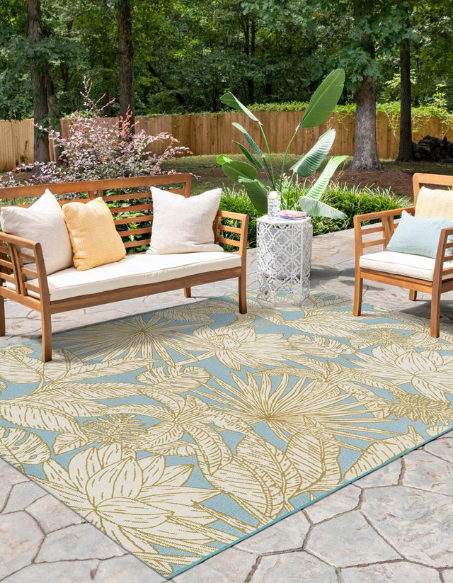 Soft Blue 2' x 3' 1 Outdoor Botanical Rectangle Area Rug Weather Resistant for Patio, Deck, Terrace, Balcony, Porch Polypropylene Garden Floral Tropical Carpet for Sale at Rug Engine