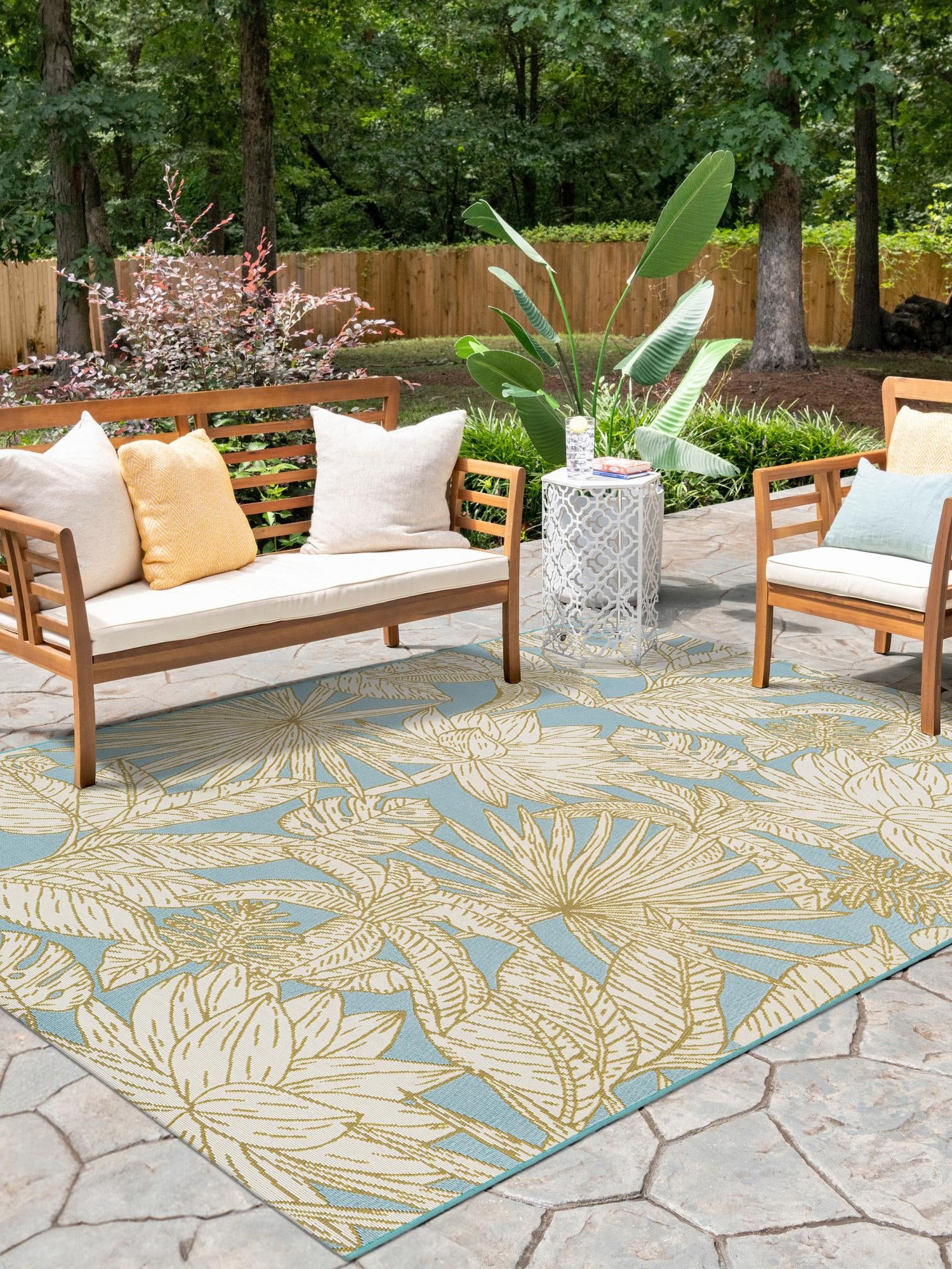 Soft Blue 6' 1 x 9' Outdoor Botanical Rectangle Area Rug Weather Resistant for Patio, Deck, Terrace, Balcony, Porch Polypropylene Garden Floral Tropical Carpet for Sale at Rug Engine