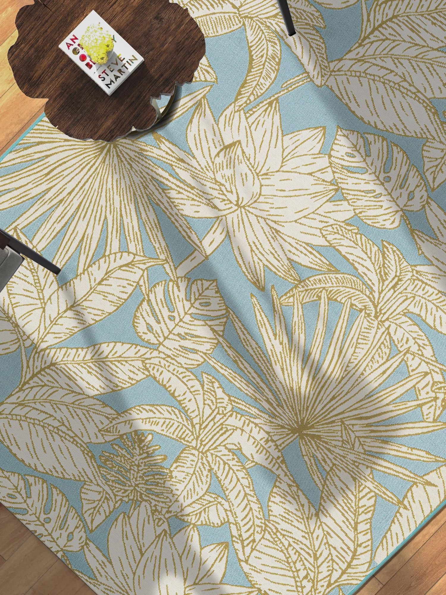Soft Blue 6' 1 x 9' Outdoor Botanical Rectangle Area Rug Weather Resistant for Patio, Deck, Terrace, Balcony, Porch Polypropylene Garden Floral Tropical Carpet for Sale at Rug Engine