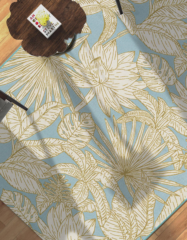 Soft Blue 6' 1 x 9' Outdoor Botanical Rectangle Area Rug Weather Resistant for Patio, Deck, Terrace, Balcony, Porch Polypropylene Garden Floral Tropical Carpet for Sale at Rug Engine