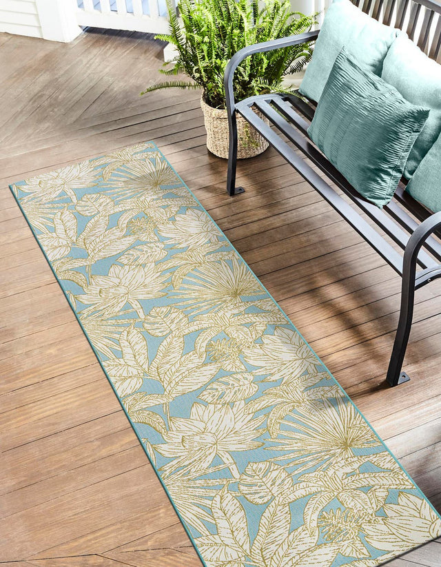 Soft Blue 2' 7 x 12' Outdoor Botanical Runner Area Rug Weather Resistant for Patio, Deck, Terrace, Balcony, Porch Polypropylene Garden Floral Tropical Carpet for Sale at Rug Engine