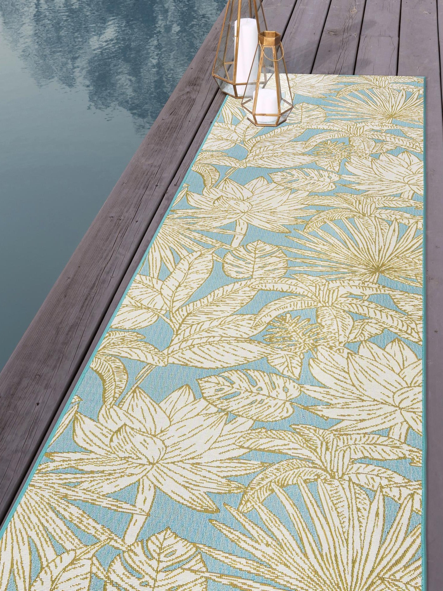 Soft Blue 2' 7 x 12' Outdoor Botanical Runner Area Rug Weather Resistant for Patio, Deck, Terrace, Balcony, Porch Polypropylene Garden Floral Tropical Carpet for Sale at Rug Engine