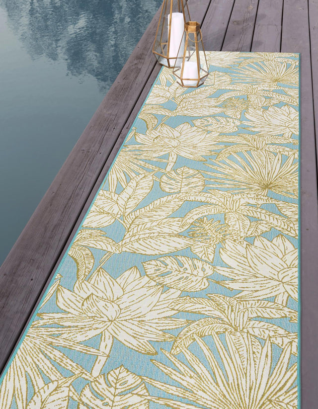Soft Blue 2' x 5' 1 Outdoor Botanical Runner Area Rug Weather Resistant for Patio, Deck, Terrace, Balcony, Porch Polypropylene Garden Floral Tropical Carpet for Sale at Rug Engine