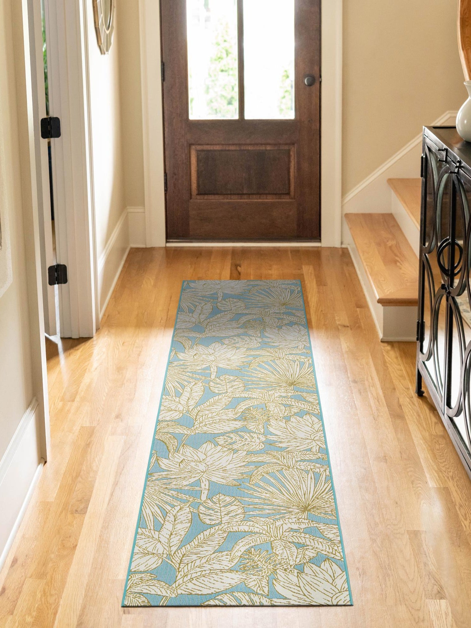 Soft Blue 2' 7 x 12' Outdoor Botanical Runner Area Rug Weather Resistant for Patio, Deck, Terrace, Balcony, Porch Polypropylene Garden Floral Tropical Carpet for Sale at Rug Engine