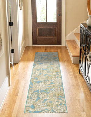 Soft Blue 2' 7 x 10' Outdoor Botanical Runner Area Rug Weather Resistant for Patio, Deck, Terrace, Balcony, Porch Polypropylene Garden Floral Tropical Carpet for Sale at Rug Engine
